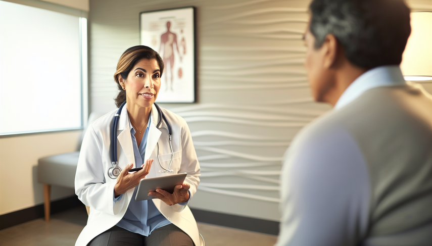 A middle-aged Hispanic female doctor with an empathetic expression discusses sensitive medical topics with a middle-aged Hispanic patient in a modern, well-lit office. The doctor holds a tablet displaying medical advice and communication techniques, while the patient listens attentively. The environment conveys trust and professionalism, essential for emotional management when delivering bad news.