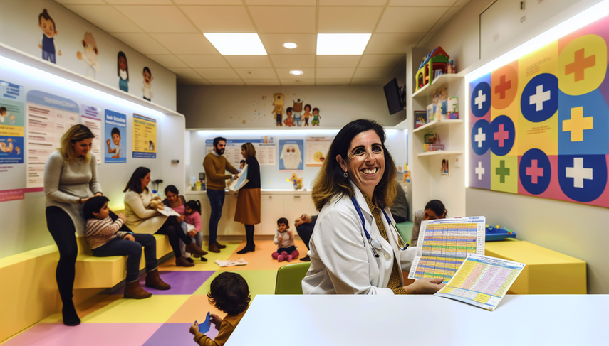 Modern pediatric clinic in Spain featuring a Spanish pediatrician holding a vaccination schedule. In the background, parents and children of various ages are in the waiting room. The environment is welcoming and professional, adorned with educational posters on health, immunization, and disease prevention.