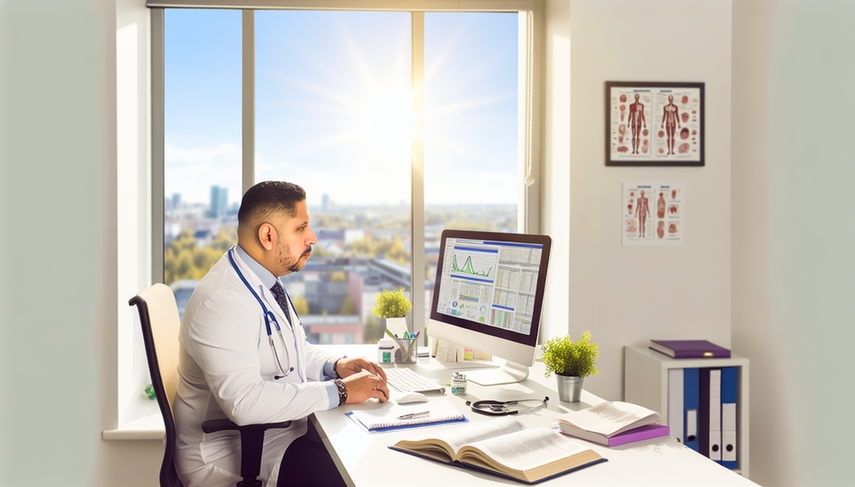 Image of a Hispanic physician in his 40s in a modern office, reviewing charts and tables on hypertension and asthma on his computer. He is wearing a white coat and a stethoscope, with open medical books and handwritten notes on his desk. The scene reflects a professional and calm environment, ideal for updates on global clinical guidelines.