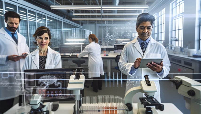 Laboratorio de investigación médica moderno y bien iluminado con un equipo diverso de científicos y médicos colaborando. En primer plano, una doctora hispana de unos 40 años sostiene una tableta digital con gráficos de datos complejos, mientras un científico surasiático examina un tubo de ensayo. Al fondo, una investigadora caucásica escribe en una pizarra transparente con diagramas moleculares. El ambiente refleja innovación y trabajo en equipo en el tratamiento de enfermedades huérfanas.
