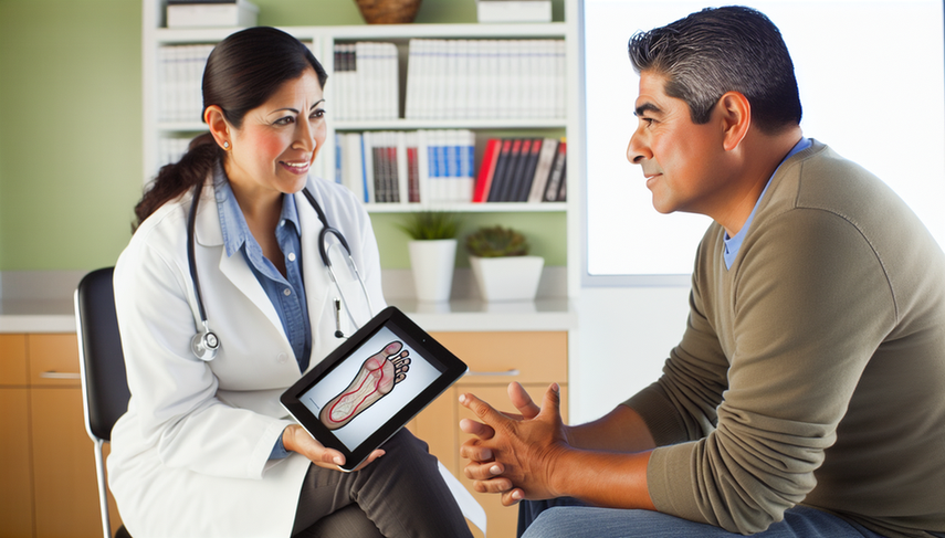 Un hombre hispano de mediana edad conversa con una doctora hispana en un consultorio médico moderno. La doctora, con bata blanca y estetoscopio, utiliza una tableta para mostrar un diagrama del pie humano con áreas resaltadas que indican gota. La interacción es positiva y el ambiente es profesional y acogedor, adecuado para un blog médico sobre alopurinol y tratamiento de la gota.