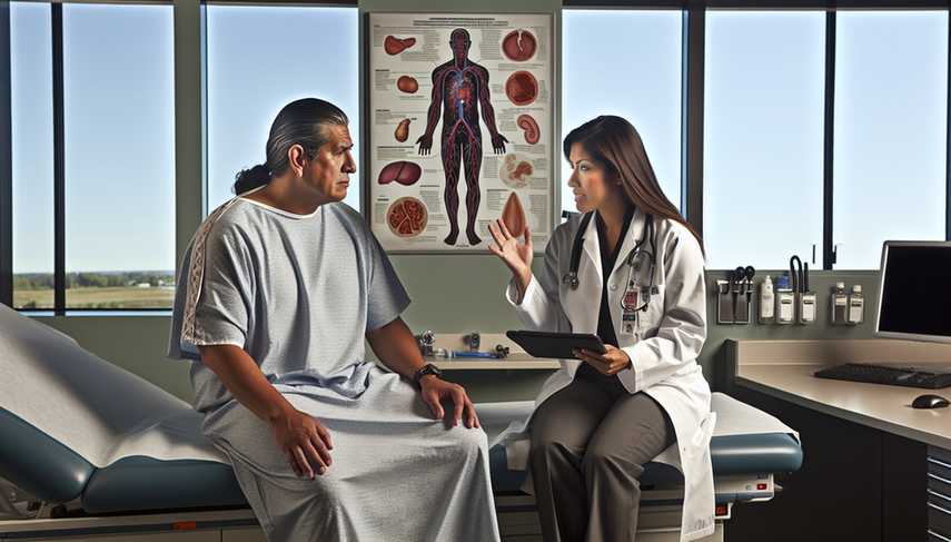 Paciente hispano de mediana edad en una sala de examen médico moderno, conversando con una doctora hispana que sostiene una tableta mostrando un diagrama del cuerpo humano. En la pared, un póster anatómico del sistema circulatorio. La escena resalta la importancia de la evaluación multisistémica en la amiloidosis sistémica.