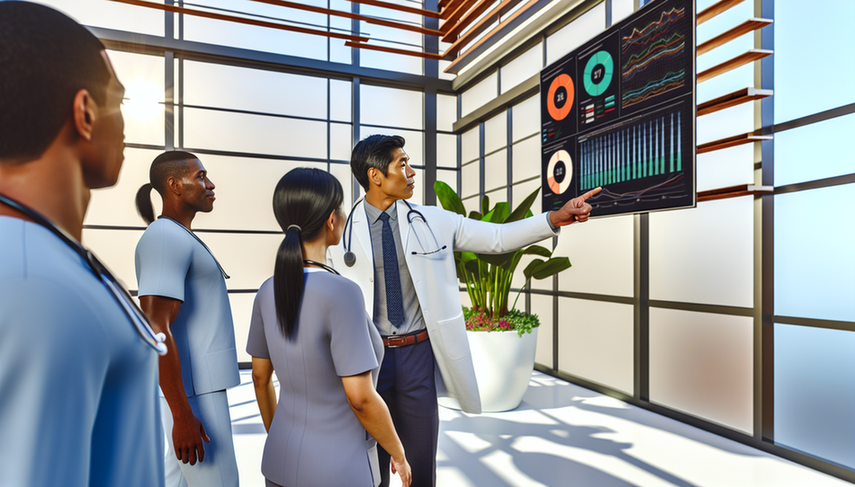 A diverse group of healthcare professionals, including a Hispanic physician, a Black nurse, and an Asian data analyst, engage in a discussion in front of a digital screen displaying performance indicators and graphs, in a modern, well-lit medical office environment, showcasing teamwork and innovation in consultation management and continuous improvement through data analysis.