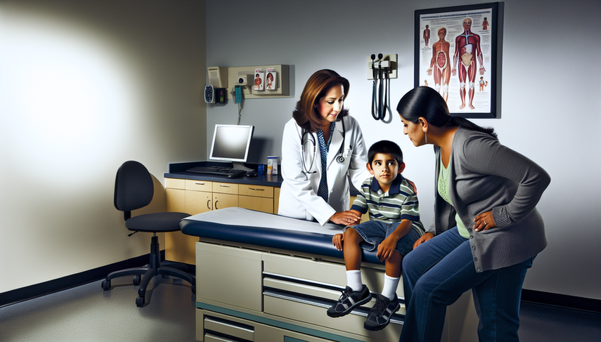 Pediatra hispano examinando a un niño en una consulta médica, con la madre del niño al lado. La escena refleja un ambiente profesional y cálido, destacando la importancia del diagnóstico temprano de anemia de Fanconi y la diferenciación de otras aplasias medulares.