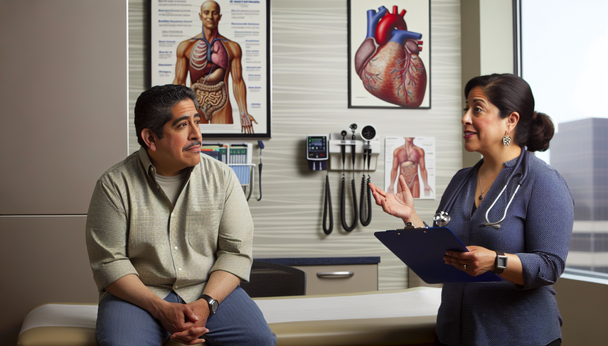 A middle-aged Hispanic man in a medical office, looking thoughtful and slightly concerned, listens to a Hispanic female doctor explaining something with a reassuring smile. On the desk, a stethoscope and a heart model emphasize a discussion about diagnosing chest pain, potentially related to stable angina or gastroesophageal reflux, and the need for a stress test or endoscopy.