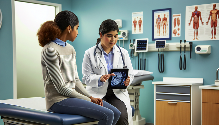 Una doctora hispana con bata blanca y estetoscopio muestra a una joven hispana un diagrama del abdomen en una tablet, explicando la ubicación del apéndice y los ovarios. La paciente, con expresión preocupada, se toca el abdomen inferior. La escena refleja un entorno profesional y calmado, destacando la importancia de un diagnóstico preciso en casos de dolor abdominal agudo.