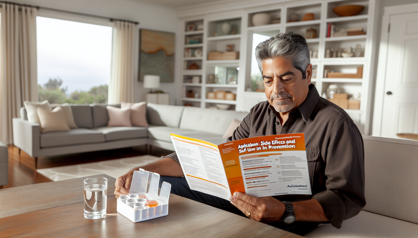 Middle-aged Hispanic man reading a medical brochure about apixaban in a modern living room, with a pill organizer and a glass of water on the table, symbolizing proactive management of stroke prevention and the importance of monitoring liver function and understanding adverse effects of DOACs.