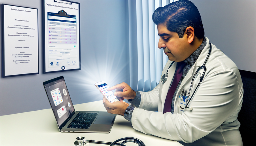A Hispanic doctor in a modern office, wearing a white coat, attentively examines a smartphone displaying a medical app interface with graphs and data. An open laptop on the desk shows a similar interface. The setting highlights the interaction between technology and healthcare, emphasizing the clinical use of medical mobile applications for symptom tracking and early diagnosis.