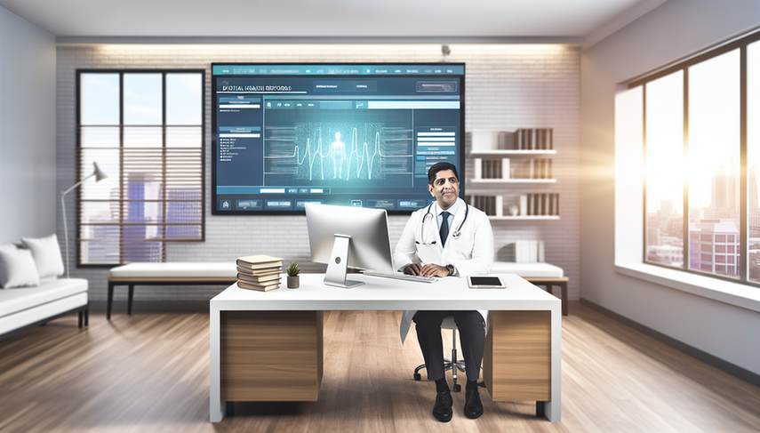 Modern medical office focused on the digitization of files. A Hispanic physician in a white coat is seated in front of a computer monitor displaying a digital medical record interface with organized tabs and graphs. In the background, a digital screen on the wall presents a patient data management flowchart. The room is illuminated with natural light and decorated with plants, highlighting the integration of technology for improved accessibility and information organization in healthcare.