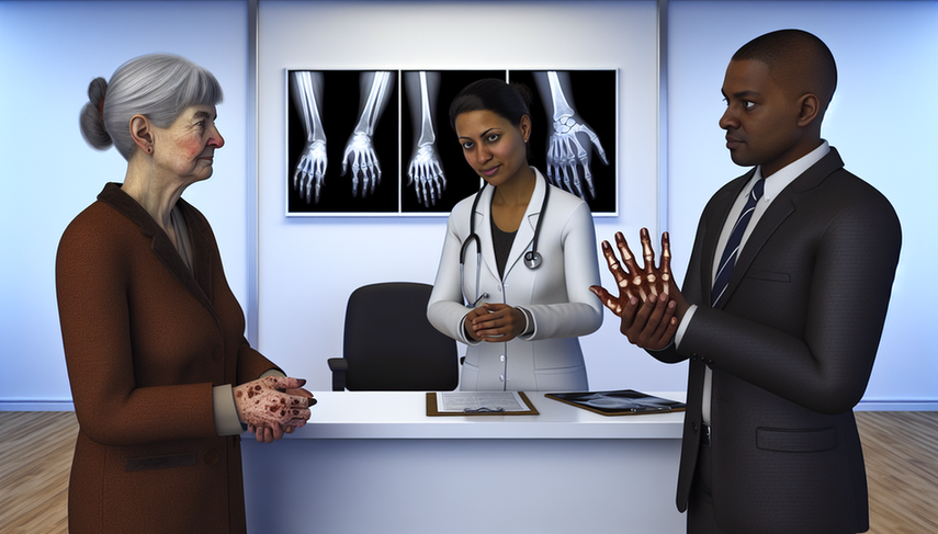 Image of a medical consultation in a modern clinic. A middle-aged Hispanic female doctor examines the hands of two patients: an older Caucasian woman with swollen and deformed fingers, indicative of rheumatoid arthritis, and a middle-aged African American man with enlarged knuckles, suggestive of osteoarthritis. In the background, a desk with medical charts and a computer displaying X-rays of inflamed joints. The image emphasizes the importance of differential diagnosis in arthritis, including morning stiffness and bone erosions.