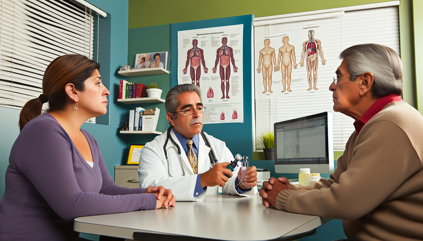 Image of a medical consultation where a middle-aged Hispanic doctor attentively listens to two patients. The female patient, a middle-aged Hispanic woman, holds a spirometer, while the male patient, an older Hispanic man, has a stethoscope. The doctor points to a chart on the wall comparing asthma and COPD, emphasizing the importance of respiratory diagnosis and lung function assessment in primary care. The office is professional and welcoming.