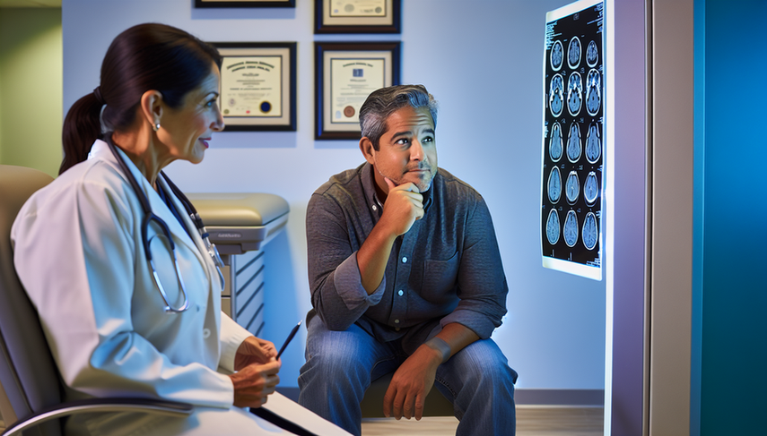 Paciente hispano de mediana edad en consulta médica, mostrando preocupación mientras la doctora hispana le explica un escaneo de RM cerebral en un negatoscopio. La doctora señala un área específica en la imagen, destacando la importancia de la resonancia magnética con contraste en el diagnóstico de astrocitomas. El ambiente es profesional y calmado, subrayando la relevancia de la consulta médica y las técnicas avanzadas de imagen.