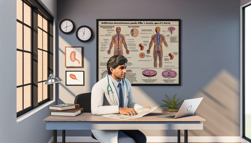 Medical consultation with a Hispanic doctor reviewing a medical file at a desk with books and a laptop displaying the nervous system. A poster on the wall compares Friedreich's ataxia with other hereditary ataxias. The image emphasizes the importance of accurate diagnosis, differentiation of hereditary ataxias, and includes elements relevant to gait instability, nerve conduction study, and cardiac evaluation.