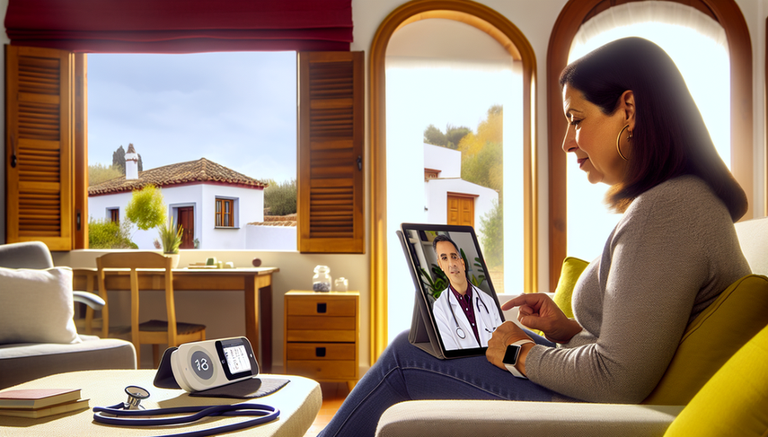 A middle-aged Spanish woman conducts a video call with a doctor in a modern, cozy living room. Nearby, a blood pressure monitor and a glucose meter illustrate the role of telemonitoring in enhancing care efficiency during home visits.