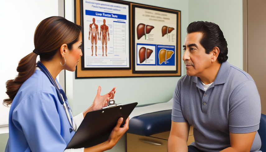 A middle-aged Hispanic man in a medical office attentively listens to a Hispanic female doctor presenting liver and muscle function test results. The doctor holds a clipboard and points to a chart, emphasizing the importance of monitoring health while on atorvastatin, particularly regarding potential myopathy, elevation of liver enzymes, and rhabdomyolysis. The scene conveys trust and professionalism in patient care.