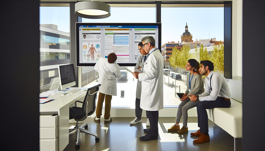 Oficina médica moderna en España con profesionales de la salud colaborando alrededor de una pantalla digital que muestra una plantilla de informe clínico. Destacan secciones como información del paciente, diagnóstico y plan de tratamiento. El equipo incluye un médico hispano de mediana edad, una enfermera joven con una tableta y un especialista en TI, todos en discusión. La escena refleja un ambiente profesional que enfatiza el trabajo en equipo y la tecnología en la atención médica.