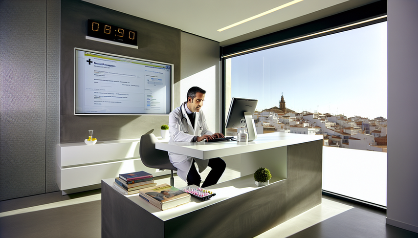 Modern medical office in Spain featuring a middle-aged Hispanic doctor focused on a computer screen displaying an electronic prescribing interface. The professional and efficient environment highlights prescription automation, electronic prescribing, and enhances consultation efficiency for optimal pharmacological follow-up.