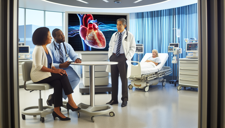 A diverse group of cardiologists engages in discussion in front of a digital screen displaying a 3D model of a human heart, highlighting cutting-edge treatment techniques. In the background, a smiling patient interacts with a nurse in a modern, well-equipped hospital setting, symbolizing innovation and hope in the prevention of cardiovascular events through interventional procedures.