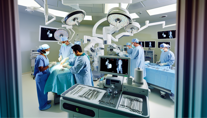 A modern operating room equipped with advanced medical technology, where a diverse team of surgeons is performing a minimally invasive laparoscopic procedure. The lead surgeon, a Caucasian woman, operates a robotic surgical system. High-tech monitors display real-time images of the surgery. An African American nurse prepares instruments on a sterile table. The scene embodies innovation and collaboration in minimally invasive surgery, highlighting the role of new technologies in achieving rapid recovery.