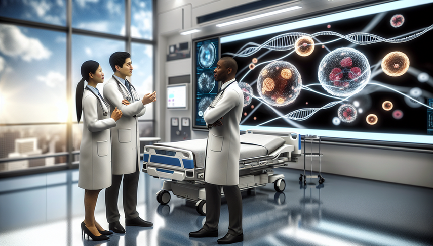Un grupo diverso de médicos discute frente a una pantalla digital que muestra modelos 3D de células cancerosas y cadenas de ADN, simbolizando la inmunoterapia y la medicina de precisión en un entorno hospitalario moderno y tecnológico.