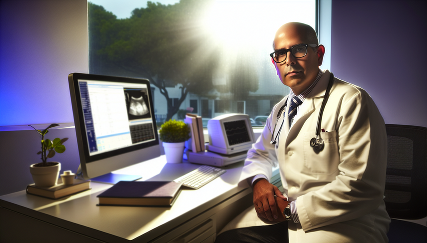 Middle-aged Hispanic doctor in his medical office, reviewing hematological data on a computer. Dressed in a white coat and glasses, symbolizing careful attention in managing azathioprine therapy and monitoring for myelosuppression and hepatic toxicity.