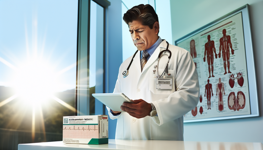 Fotografía de un médico hispano de mediana edad en una oficina médica moderna, observando un tablet con un electrocardiograma que muestra un intervalo QT prolongado. En el escritorio hay una caja de tabletas de azitromicina. La imagen ilustra el tema de los riesgos de prolongación del QT asociados con el uso de azitromicina.