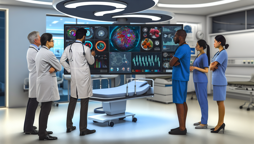 A diverse group of healthcare professionals, including doctors, nurses, and data analysts, gathers in a modern hospital around a large digital screen displaying complex data visualizations, such as graphs and health trend maps, along with outbreak predictions. This scene embodies innovation and teamwork in the integration of big data in health, emphasizing data intelligence for population diagnosis and outbreak prediction.