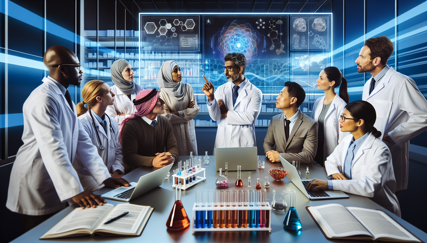 Un laboratorio médico moderno con un equipo diverso de doctores y científicos colaborando alrededor de una pantalla digital que muestra gráficos coloridos y estructuras moleculares. Un doctor hispano de unos 40 años, con bata blanca y gafas, señala la pantalla con un bolígrafo, explicando los datos a sus colegas. La escena refleja innovación y trabajo en equipo en el contexto de biomarcadores y medicina predictiva.