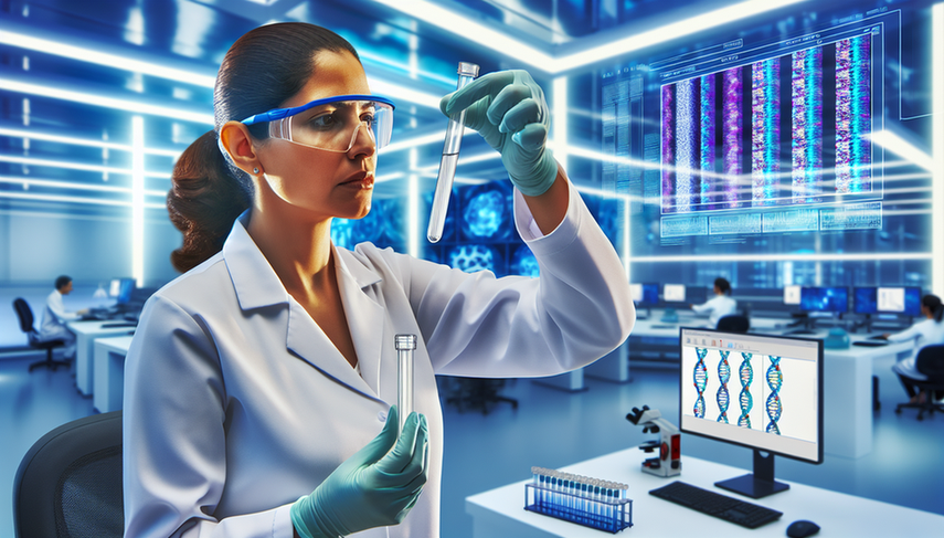 Científica hispana en laboratorio moderno, examinando un tubo de ensayo con líquido claro, simbolizando una biopsia líquida. Al fondo, equipos de laboratorio avanzados y pantallas con gráficos y secuencias de ADN, representando marcadores tumorales. Ambiente de innovación en diagnóstico temprano de cáncer.