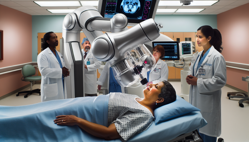Una sala de hospital moderna con un brazo robótico realizando una biopsia en una paciente hispana de mediana edad. Tres médicos hispanos observan atentamente el procedimiento. La escena resalta la precisión y la tecnología avanzada en el muestreo patológico oncológico.