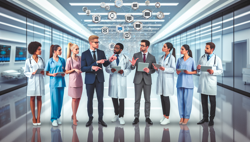 Un grupo diverso de profesionales de la salud, incluidos médicos y enfermeras, se reúne en un hospital moderno alrededor de una pantalla digital que muestra una red de blockchain. La pantalla ilustra nodos interconectados y líneas que simbolizan el flujo de datos, con iconos de registros médicos y herramientas de diagnóstico. Los profesionales, de diversas etnias, discuten y señalan la pantalla, destacando la integración de la tecnología en el ámbito de la salud.