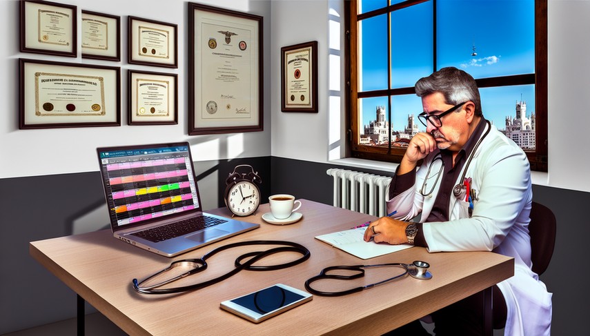 Modern and well-lit medical office featuring a middle-aged Hispanic doctor in a white coat, seated at a wooden desk. The desk displays an open laptop showing a digital calendar, a stethoscope, a coffee mug, and a notepad. Behind the doctor, a large window reveals a sunny day with views of typical Madrid architecture. The atmosphere embodies medical productivity and effective schedule management through time blocks for daily organization.