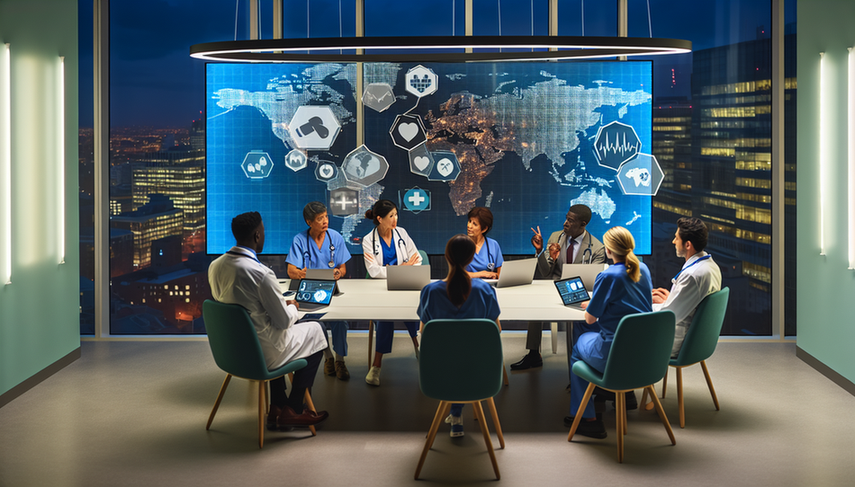 A diverse group of physicians from around the world gathers in a modern hospital conference room, focused on a digital screen displaying a world map with highlighted regions and data graphs. This scene illustrates global collaboration and the emphasis on the challenges and opportunities of implementing digital medical technologies and AI, particularly concerning the digital divide and inequality in access in developing countries.
