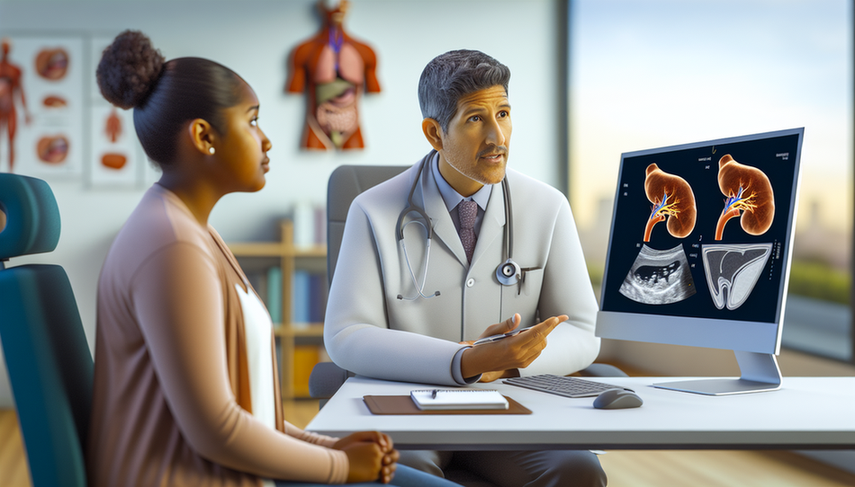 Consulta médica en una clínica moderna: un médico hispano de unos 40 años, con bata blanca y estetoscopio, explica a una paciente hispana de unos 30 años imágenes médicas en una pantalla. Las imágenes muestran cálculos biliares y pancreatitis aguda, con etiquetas en español. La paciente, preocupada, toma notas. El entorno es profesional y empático, destacando la importancia de la orientación clínica y las pruebas de imagen en el diagnóstico.