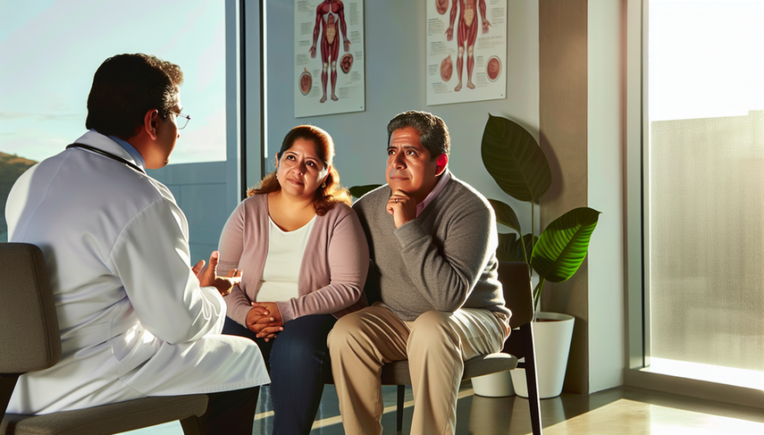 A Hispanic physician in a white coat explains the digestive system to a middle-aged Hispanic couple using a diagram on a tablet, pointing to the colon area. The modern and well-lit medical consultation room features posters on colorectal cancer awareness, emphasizing the importance of colonoscopy, fecal occult blood tests, and recognizing symptoms like rectal bleeding and polyps.