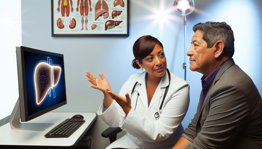 Un hombre hispano de mediana edad en el consultorio médico observa atentamente un modelo 3D de un hígado en la pantalla de una computadora. La doctora, una mujer hispana en sus 40 años, señala el modelo mientras explica la importancia de la detección temprana del cáncer de hígado, especialmente en pacientes con riesgo de cirrosis. La atmósfera es profesional y cálida, destacando la educación del paciente.