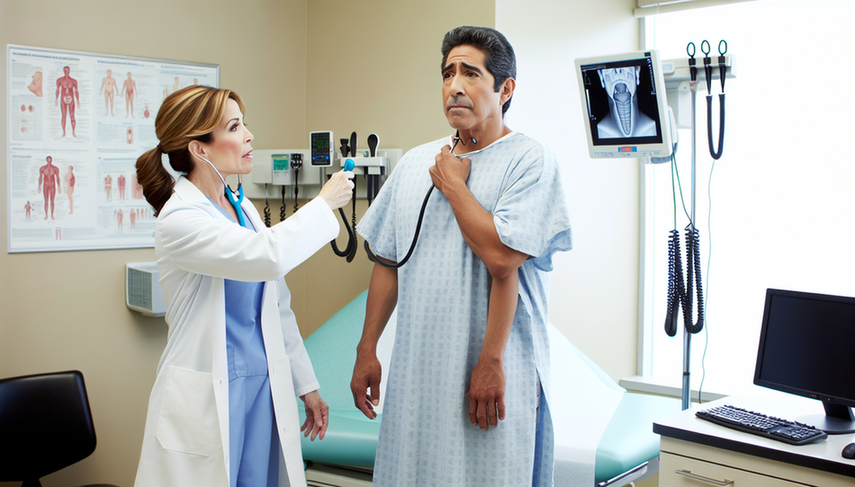 A middle-aged Hispanic man in a medical examination room, displaying a slight look of concern, listens to a Hispanic female doctor who is holding a laryngoscope and explaining a procedure. Nearby, a diagram of the larynx is visible on a screen. This interaction emphasizes the critical role of communication in the early diagnosis of laryngeal cancer, particularly in cases presenting with persistent hoarseness and referred otalgia.