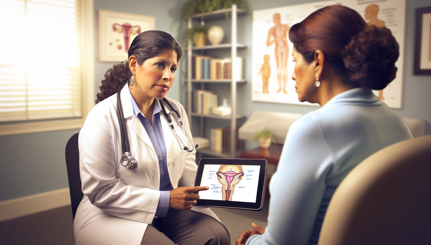 Medical consultation between a middle-aged Hispanic female doctor and a Hispanic patient, where the doctor empathetically explains the female reproductive system using a tablet. The scene emphasizes the importance of recognizing early signs of ovarian cancer, such as pelvic pain, and the role of the CA-125 marker in timely diagnosis.