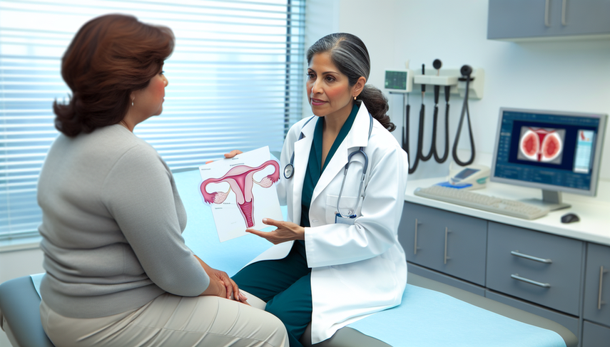 Una doctora hispana en un consultorio médico moderno explica un procedimiento médico a una paciente hispana de mediana edad. La doctora señala el endometrio en un diagrama del sistema reproductivo femenino, destacando la importancia de la detección temprana del cáncer de endometrio y la educación del paciente sobre el sangrado uterino anormal y las técnicas de biopsia.