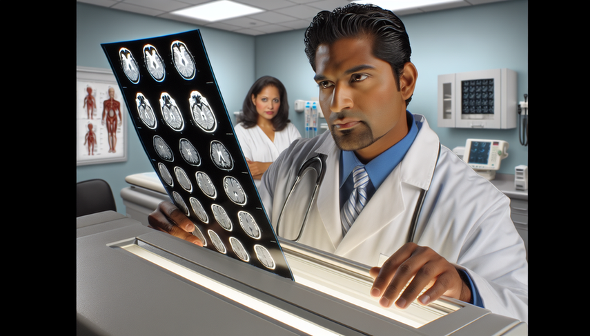 A Hispanic physician in his 40s, wearing a white coat and glasses, carefully examines magnetic resonance imaging scans of the sellar region, highlighting the pituitary gland for signs of pituitary cancer. In the background, a Hispanic female patient in her 30s observes calmly. This image emphasizes the importance of early detection and advanced imaging techniques in diagnosing visual disturbances and other early symptoms related to hyperprolactinemia.