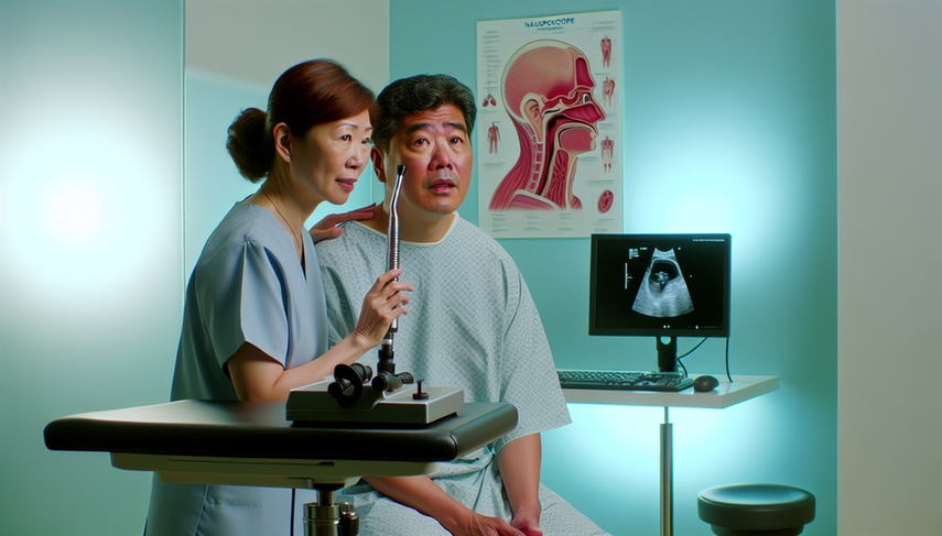 A middle-aged Asian man with a calm yet concerned expression is seated in a well-lit medical examination room, wearing a light blue hospital gown. An Asian female doctor in her 40s, holding a nasofibroscope, is reassuringly explaining the procedure to him. In the background, a 3D model of the nasopharynx is displayed on a computer screen. This image emphasizes the importance of early detection of nasopharyngeal cancer through nasofibroscopy, particularly in patients presenting with nasal obstruction and epistaxis.