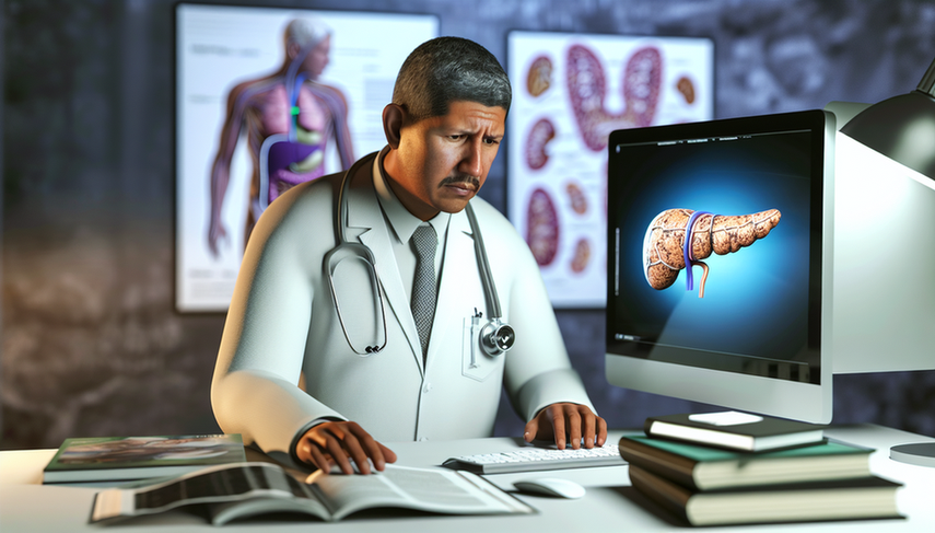 A Hispanic physician in his 40s, wearing a white coat and stethoscope, carefully examines a medical file in a modern office. On the desk, there are medical books and a computer displaying a 3D model of the pancreas, highlighting areas affected by pancreatic cancer. In the background, a diagram of the human digestive system with the pancreas labeled is visible. The scene reflects a medical research environment focused on pancreatic cancer, nonspecific abdominal pain, jaundice, CA 19-9, and endoscopic ultrasound.