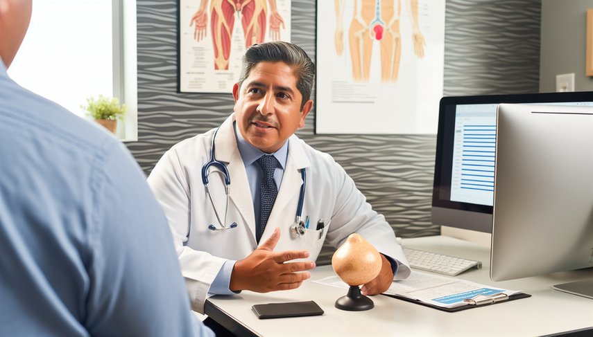 Un médico hispano de mediana edad, con bata blanca y estetoscopio, explica a un paciente hispano de unos 50 años el uso de un modelo de glándula prostática para ilustrar la importancia del PSA y el tacto rectal en la detección temprana del cáncer de próstata. En el escritorio hay gráficos de niveles de PSA, destacando el enfoque en el diagnóstico temprano.