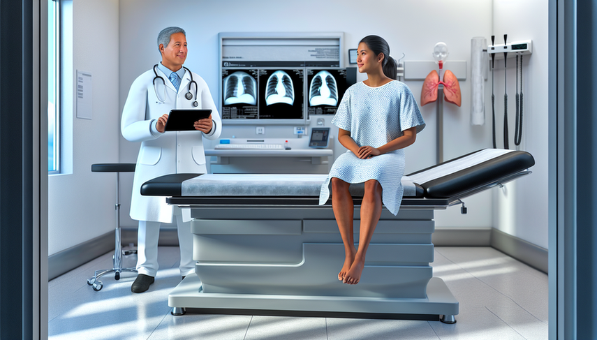 Un paciente hispano de mediana edad, sentado en una camilla de examen, escucha atentamente a una doctora hispana que sostiene una tableta digital mostrando un escaneo pulmonar. La imagen destaca la importancia de la detección temprana y las herramientas de diagnóstico para el cáncer de pulmón de células no pequeñas, en un entorno médico moderno y bien equipado.