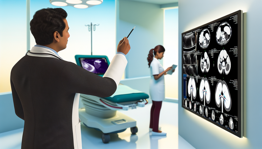 Doctor hispano de 40 años en un hospital moderno, examinando imágenes de ecografía y tomografía computarizada en una pantalla grande. Las imágenes muestran un riñón con una masa indicativa de cáncer renal. El doctor señala la masa con un bolígrafo. En el fondo, una enfermera hispana toma notas en una tableta digital.