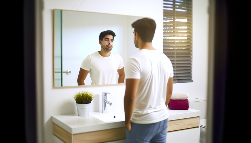 A 25-year-old Hispanic man thoughtfully examines himself in the mirror of a modern bathroom, highlighting the importance of self-examination for the early detection of testicular cancer and the identification of testicular masses, complemented by scrotal ultrasound and tumor markers (AFP, β-hCG).