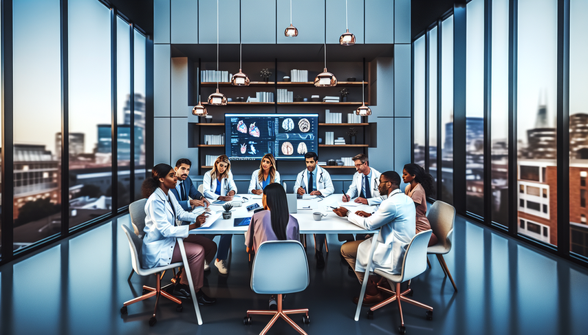 Un grupo diverso de médicos, de diferentes edades y etnias, se encuentra reunido alrededor de una mesa de conferencias en una sala de reuniones moderna y bien iluminada. Están en una discusión animada, algunos tomando notas en tabletas y portátiles, mientras otros observan una pantalla digital grande con gráficos médicos. La atmósfera es profesional y acogedora, reflejando la colaboración e innovación en la capacitación continua y actualización profesional en la práctica médica.