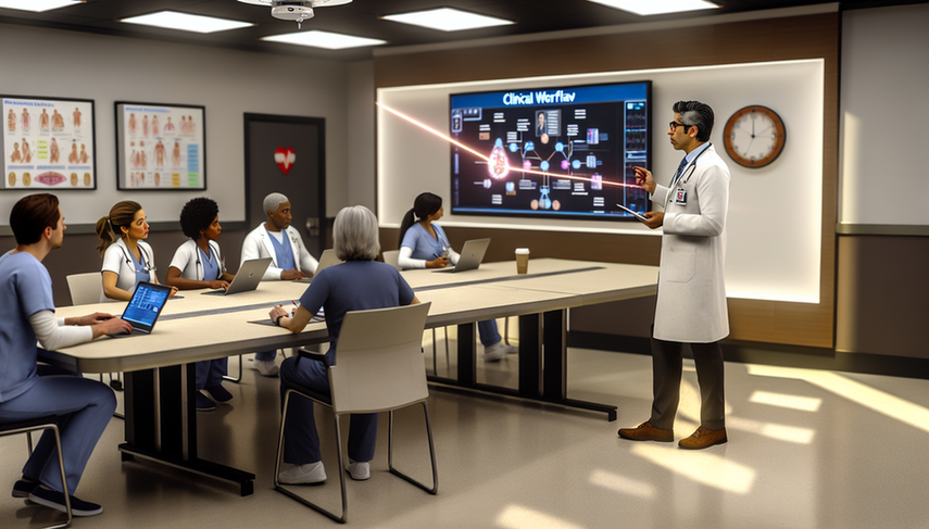 A diverse group of healthcare professionals engages in a staff training session at a modern hospital. A Hispanic physician in his 40s, wearing a white coat and glasses, points to a clinical workflows diagram on a digital screen. Around a conference table, other professionals, including a Black nurse and an Asian doctor, actively collaborate. Posters on the walls emphasize the importance of team coordination and internal communication in enhancing clinical workflows.