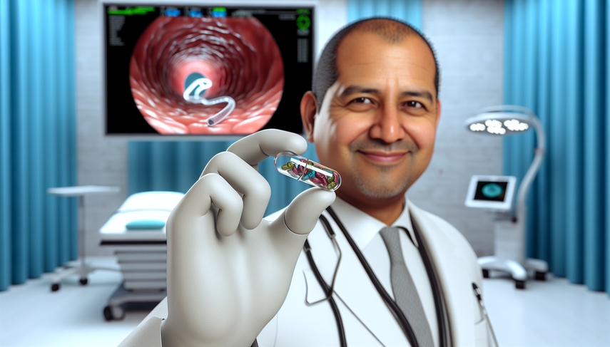 A Hispanic physician in his 40s, wearing a white coat and stethoscope, holds a transparent endoscopic capsule showcasing its camera and LED lights. In the background, a high-tech monitor displays gastrointestinal images captured by the capsule, set in a modern, well-lit medical environment, highlighting the advancements in ingestible technologies for gastrointestinal diagnosis and internal videography.