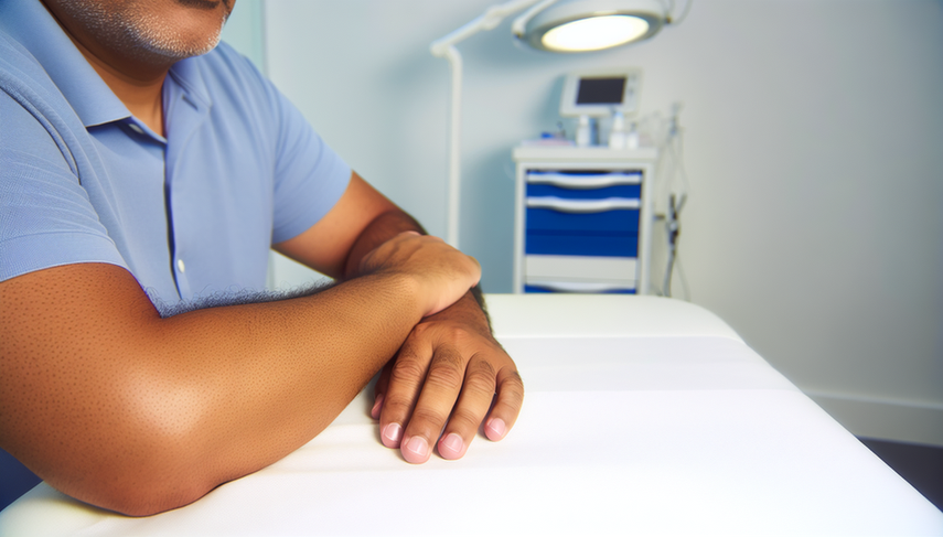 Primer plano de un hombre hispano de mediana edad en una clínica de dermatología, con enfoque en su antebrazo, mostrando una lesión cutánea sospechosa de carcinoma basocelular.